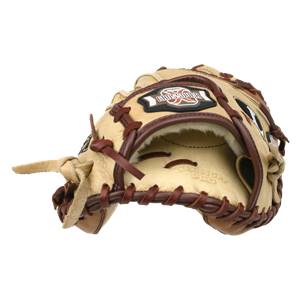 Top-down view of a tan catchers mitt with brown lacing and a CROSSOVER logo patch.