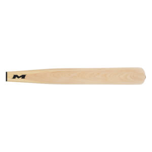 Side view of a natural wood softball bat with visible wood grain, a black M logo near the handle, and a rounded barrel end.