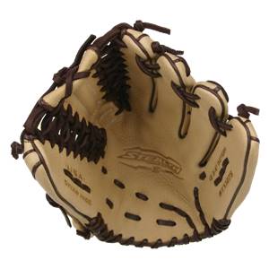 Top-down view of a tan baseball glove with dark brown lacing and Stealth branding.