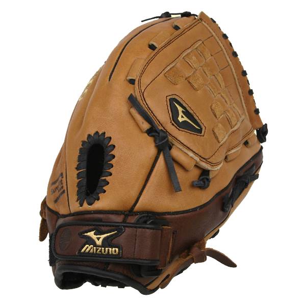 Side view of a tan fastpitch glove with black lacing and a Mizuno logo.