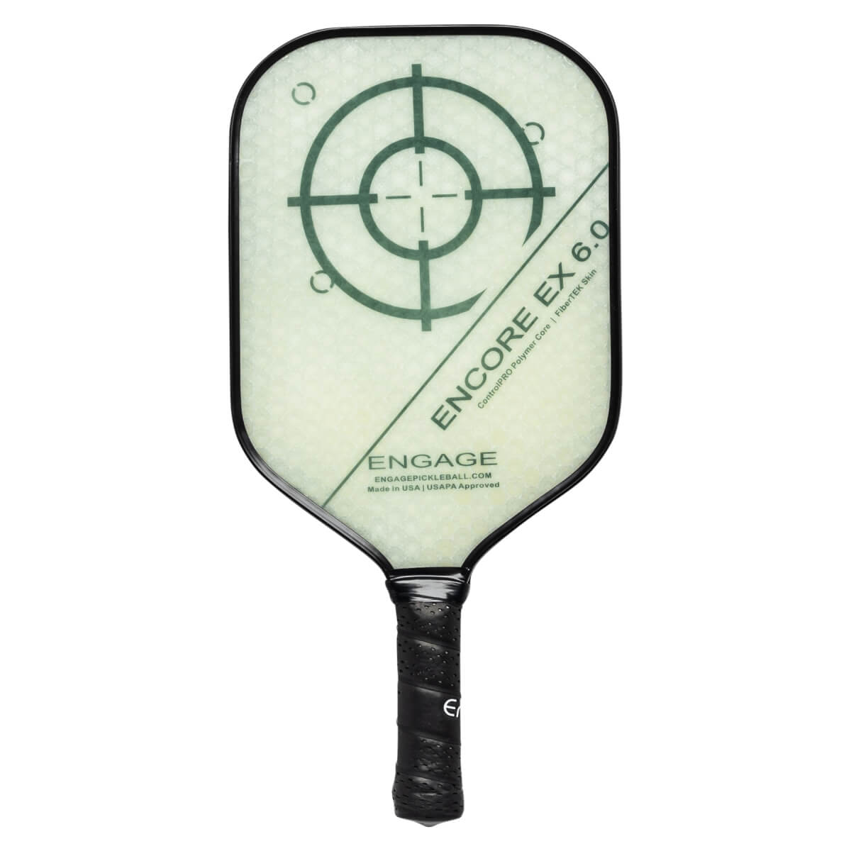 Front view of a white pickleball paddle with a green target design and ENCORE EX 6.0 text.