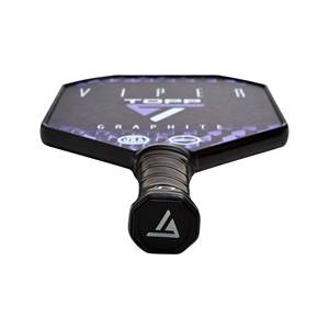 Top-down view of a black pickleball paddle with TOPP VIPER GRAPHITE text and a white triangle logo.