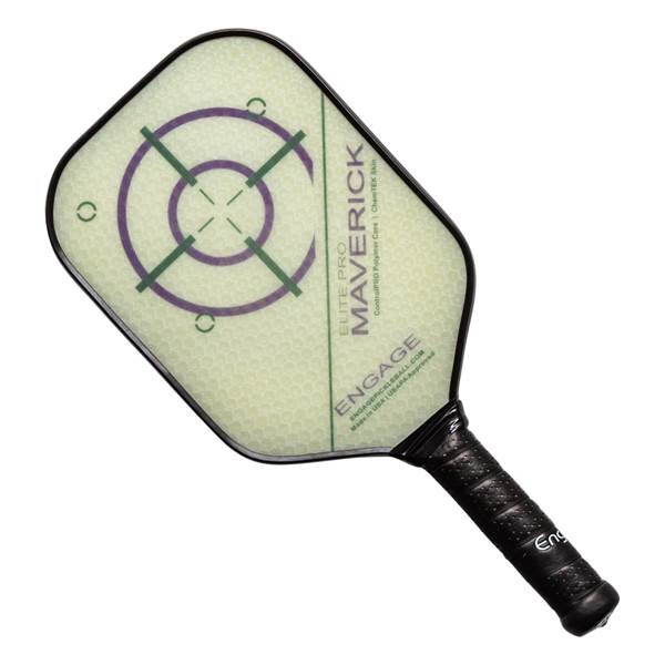 Top-down view of a light green pickleball paddle with a purple target, MAVERICK text, and Engage branding.