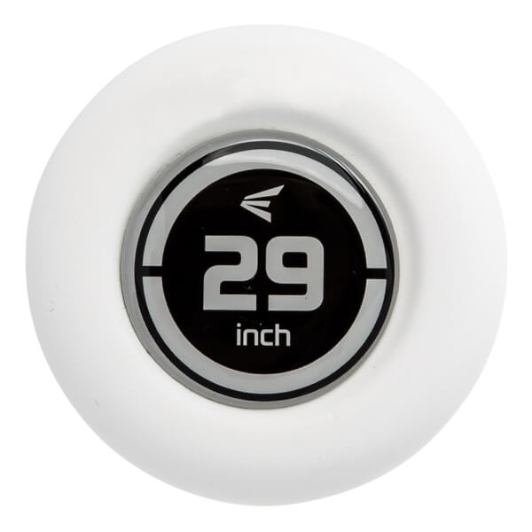 End cap view of a white baseball bat with a black circular logo displaying 29 inch and an Easton logo.