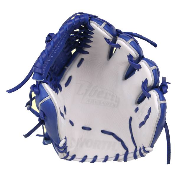 Inside view of a royal blue and white baseball glove with Liberty Advanced and WORTH branding.