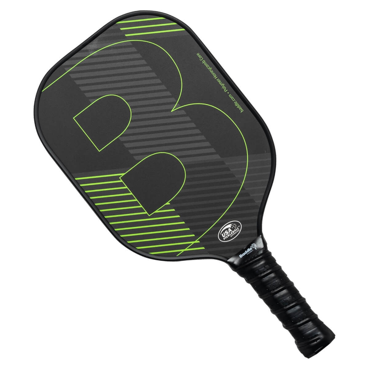 Top-down view of a black pickleball paddle with a large green B logo and USA Pickleball seal.