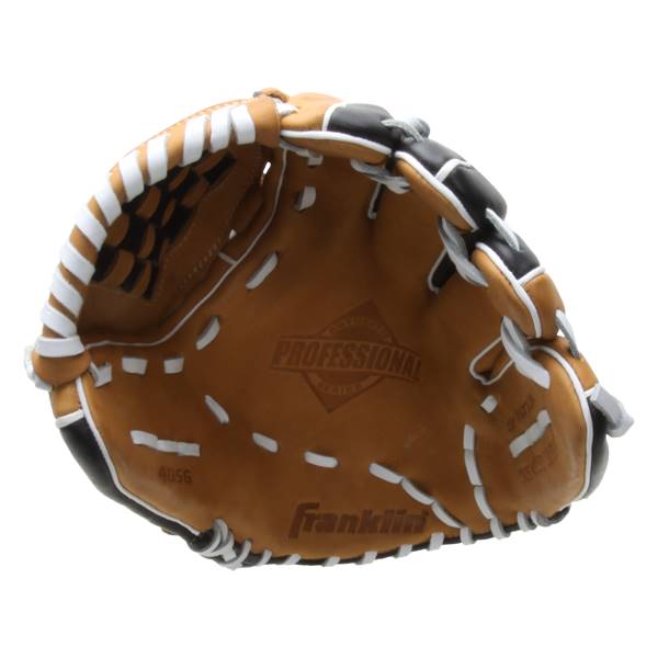 Inside view of a brown Franklin Professional Series baseball glove with white lacing and black accents.