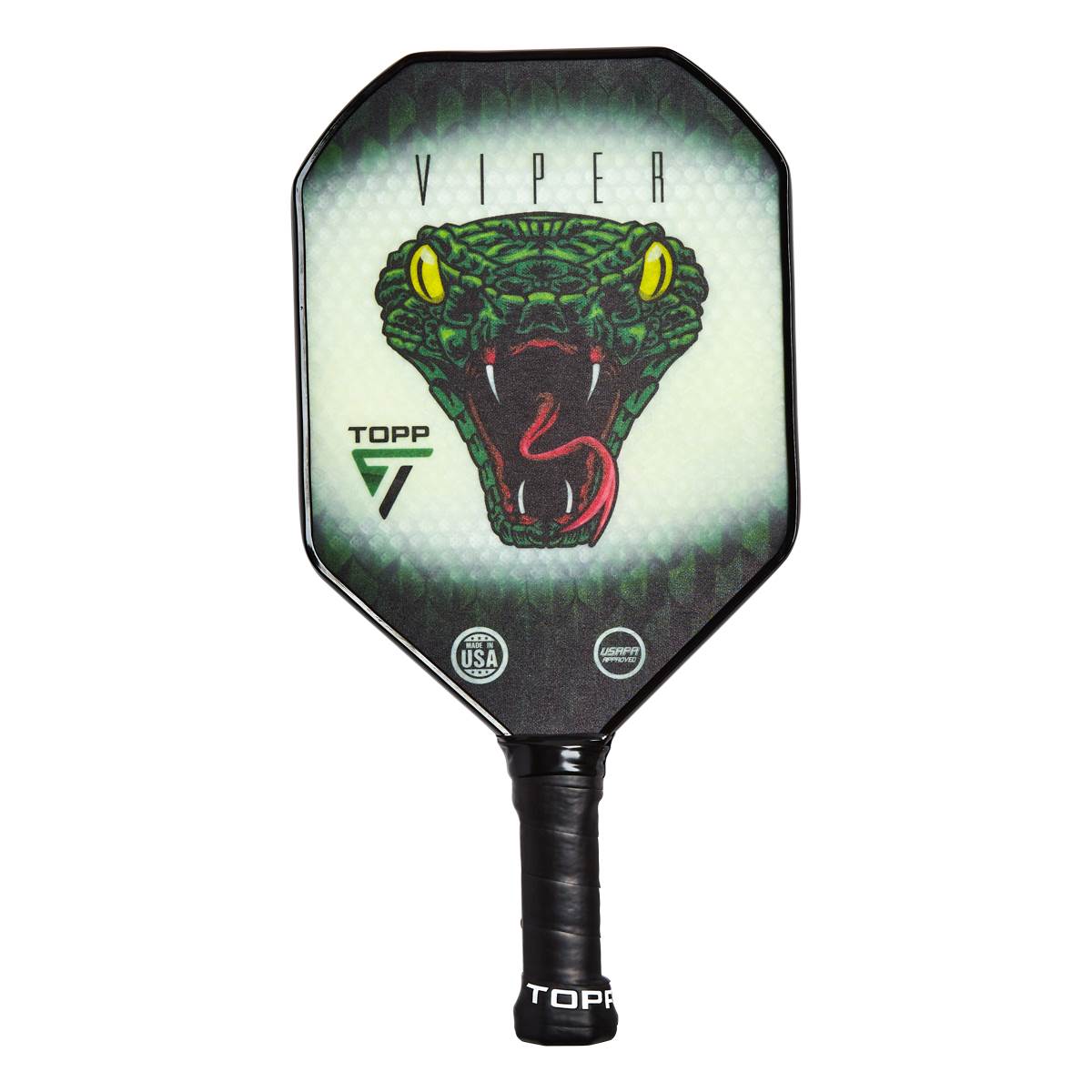 Front view of a black pickleball paddle with a Viper snake graphic, TOOP logo, and USA Pickleball certification.