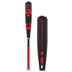 Side view of a black baseball bat with red The Goods text and grip.