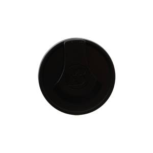Top-down view of a black baseball bat end cap with a raised B logo.