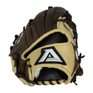 Front view of a brown and tan baseball glove with a white A logo and black lacing.