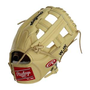 Front view of a tan baseball glove with a red Rawlings logo and WJK text.