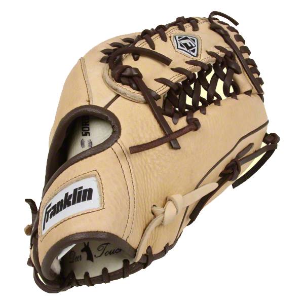 Side view of a tan baseball glove with brown lacing, a Franklin logo, and Our Touch text.