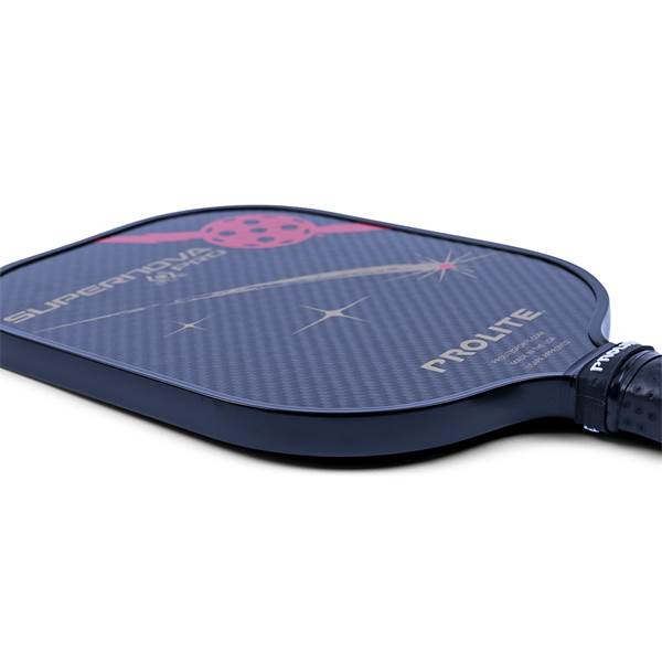 Side view of a dark blue pickleball paddle with PROLITE and SUPERNOVA PRO text and a pink circular graphic.