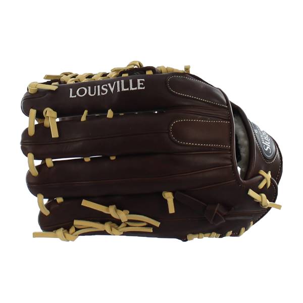 Side view of a brown baseball glove with tan lacing and LOUISVILLE text.