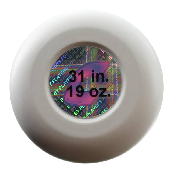 Top-down view of a white baseball bat end cap with 31 in. 19 oz. and holographic BY PLAYERS FOR PLAYERS text.