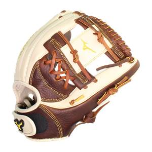 Side view of a brown and cream softball glove with yellow Mizuno logo and leather lacing.