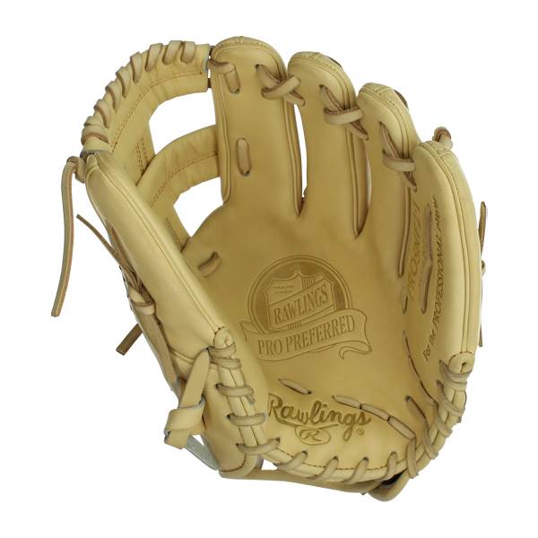 Top-down view of a tan Rawlings Pro Preferred baseball glove with PRO PREFERRED and Rawlings logos.