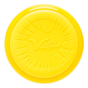 Top-down view of a yellow baseball bat end cap with embossed Victus logo and radial lines.