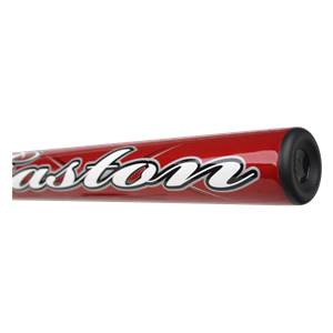 Side view of a red Easton bat with white lettering and a black end cap.