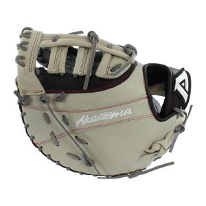 Front view of a cream baseball glove with black accents, red stitching, and Akadema embroidered in white.