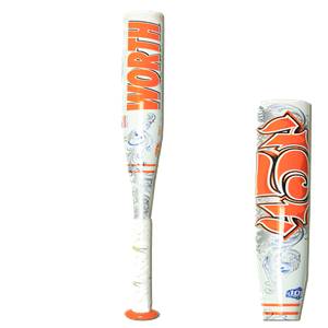 Front view of a white softball bat with orange WORTH text and a white grip.