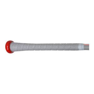 Side view of a gray baseball bat with a red end cap and perforated grip.