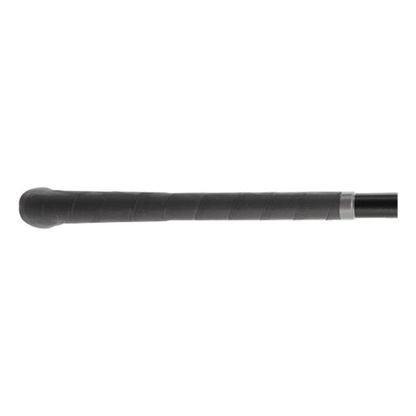 Side view of a black softball bat with a textured grip and silver band.