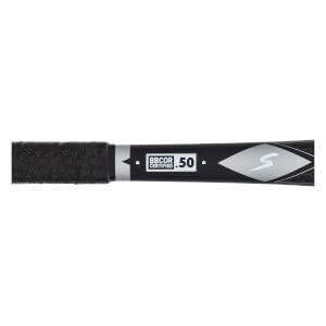 Close-up of the bat taper featuring a black textured grip, the BBCOR CERTIFIED .50 mark, and a white diamond logo with a stylized 'S' symbol.