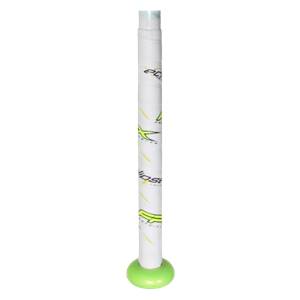 Bottom view of a white softball bat with green end cap and yellow Eclipse text.