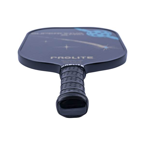 Top-down view of a black pickleball paddle with a textured grip and PROLITE branding.