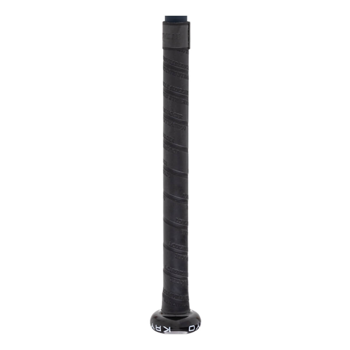 Close-up of the handle and knob, showing a black textured grip embossed with Louisville Slugger and a black knob with bold white KRYO text.