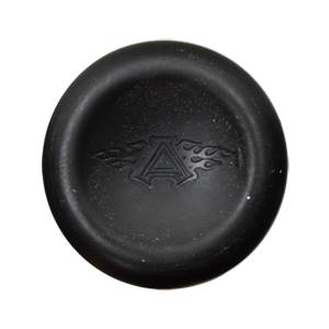 End view of a black baseball bat with a raised A logo and flame accents.