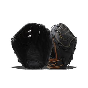 Front view of black and tan Mizuno baseball gloves with gold stitching and Mizuno branding.