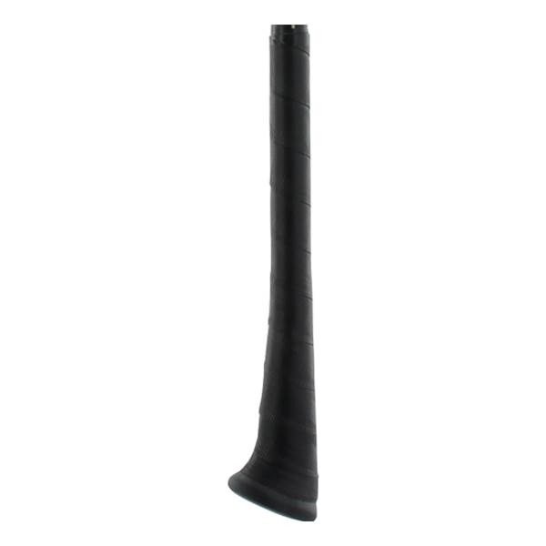 Close-up of a black baseball bat grip with a spiral texture.
