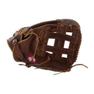 Side view of a brown Nokona first base mitt with a woven web and red logo.