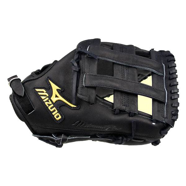 Side view of a black Mizuno Pro Series first base mitt with a yellow logo and web lacing.