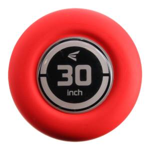 End cap view of a red baseball bat with a black circular decal showing 30 inch and the Easton logo.