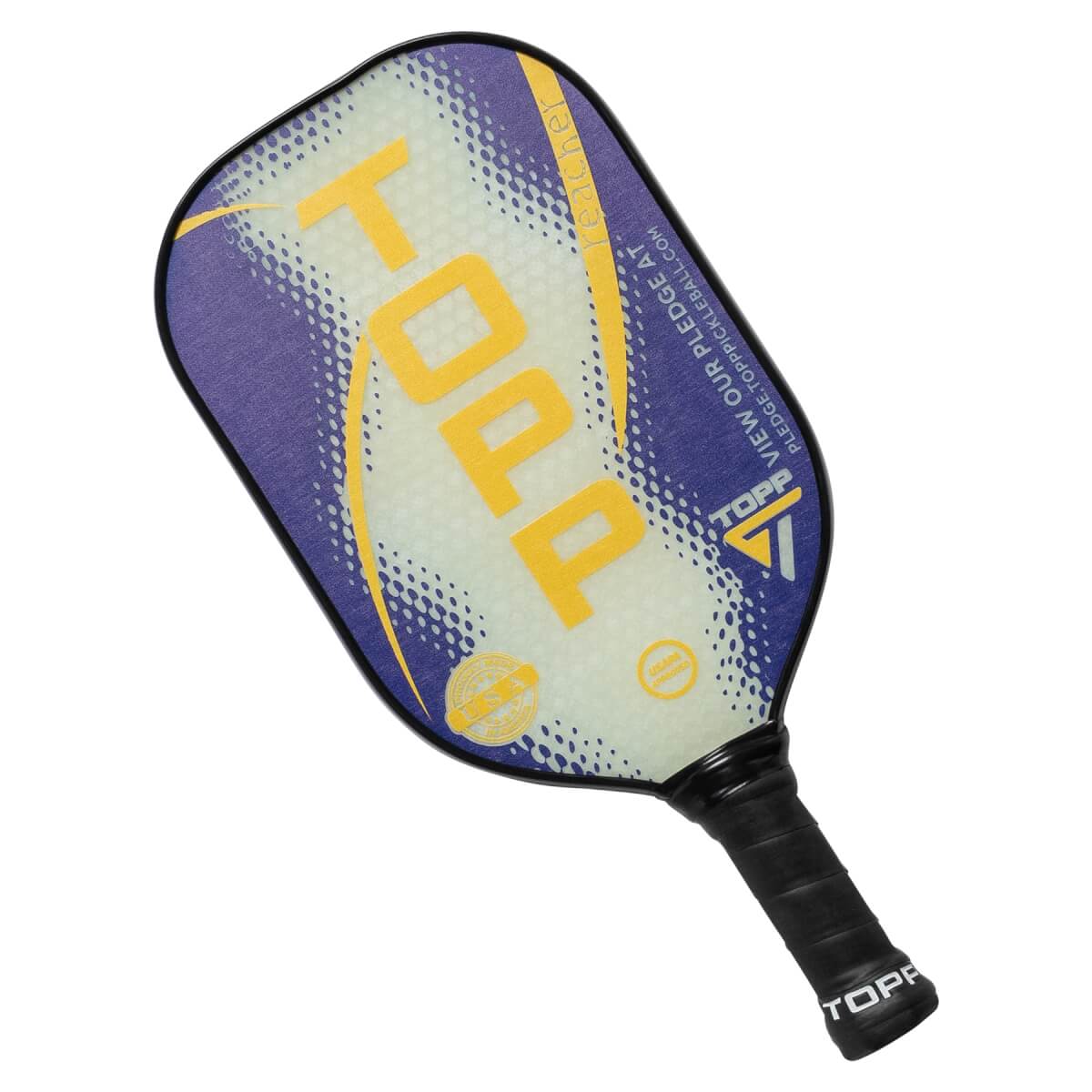 Top-down view of a purple and yellow pickleball paddle with TOPP branding and a textured grip.