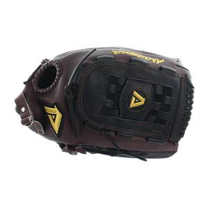 Side view of a brown baseball glove with black accents, gold A logos, and Akadema text.