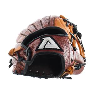 Front view of a brown baseball glove with a textured surface and a white A logo.