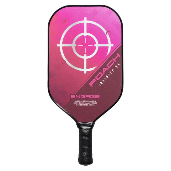 Front view of a pink and purple pickleball paddle with a target design, POACH INFINITY SX, and ENGAGE branding.