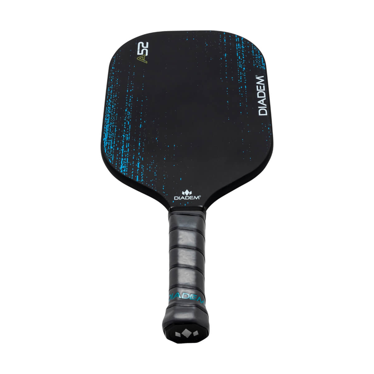 Front view of a black Diadem A52 pickleball paddle with blue speckle accents and a black grip.
