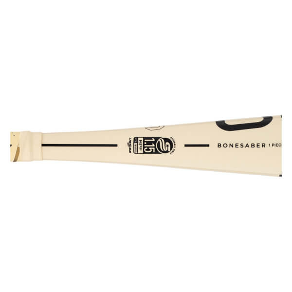 Mid-section view of a cream baseball bat with BONESABER text, a 1.15 BPF stamp, and cream grip tape.