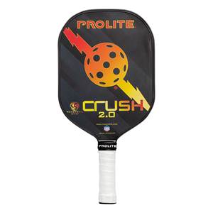 Front view of a black PROLITE pickleball paddle with a pickleball graphic and CRUSH 2.0 text.