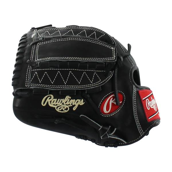 Side view of a black baseball glove with white stitching, Rawlings logo, and red accents.