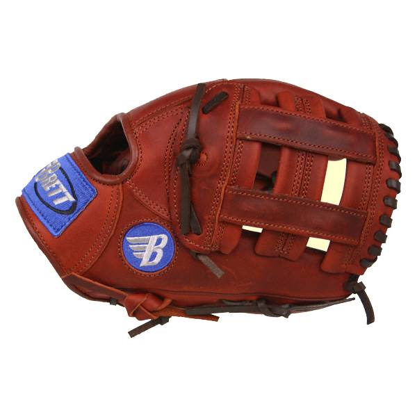 Side view of a brown baseball glove with a blue BRETT patch and a B logo.