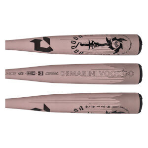Three-panel view of a rose gold baseball bat with a black D logo, DEMARINI VOODOO text, and graphic designs.