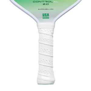 Top-down view of a white pickleball paddle with CONTROL XL 2.0 and USA PICKLEBALL APPROVED text.