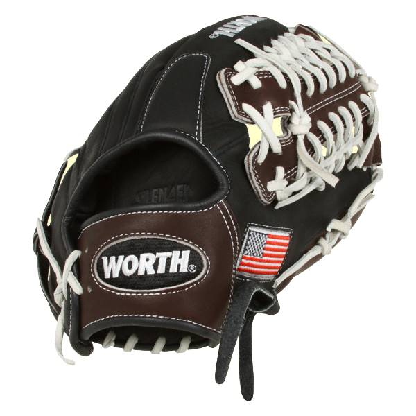 Front view of a black and brown baseball glove with white lacing, WORTH logo, and American flag patch.